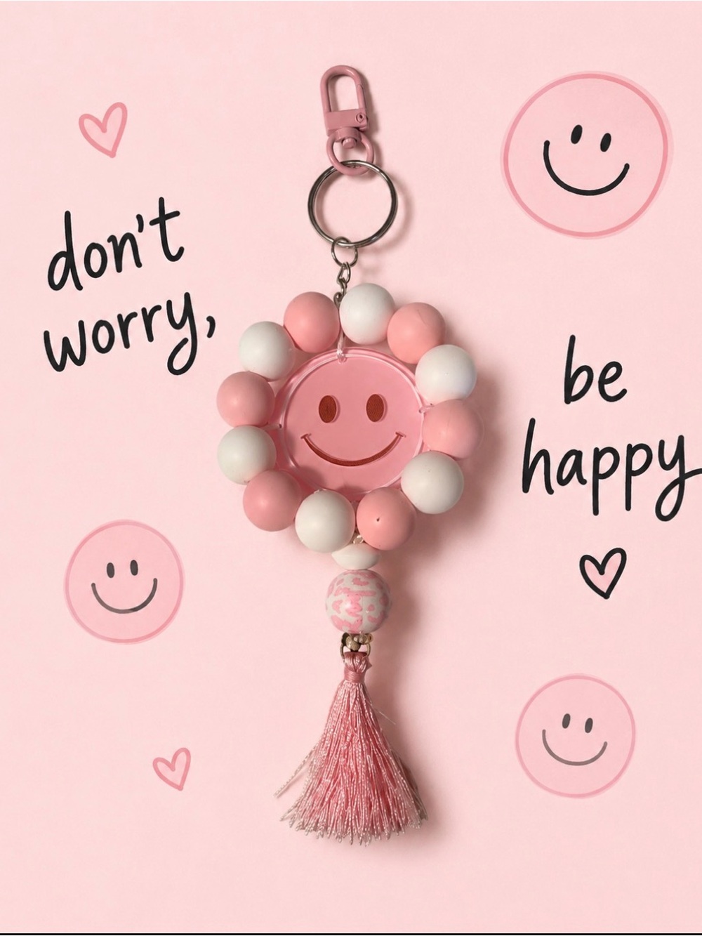 Pink Smiley Beaded Keychain Card Holder with Tassel